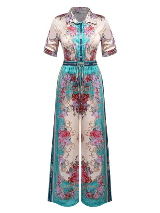 Tuta lunga floreale simmetrico colletto a camicia verde anni '30