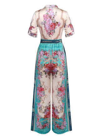 Tuta lunga floreale simmetrico colletto a camicia verde anni '30