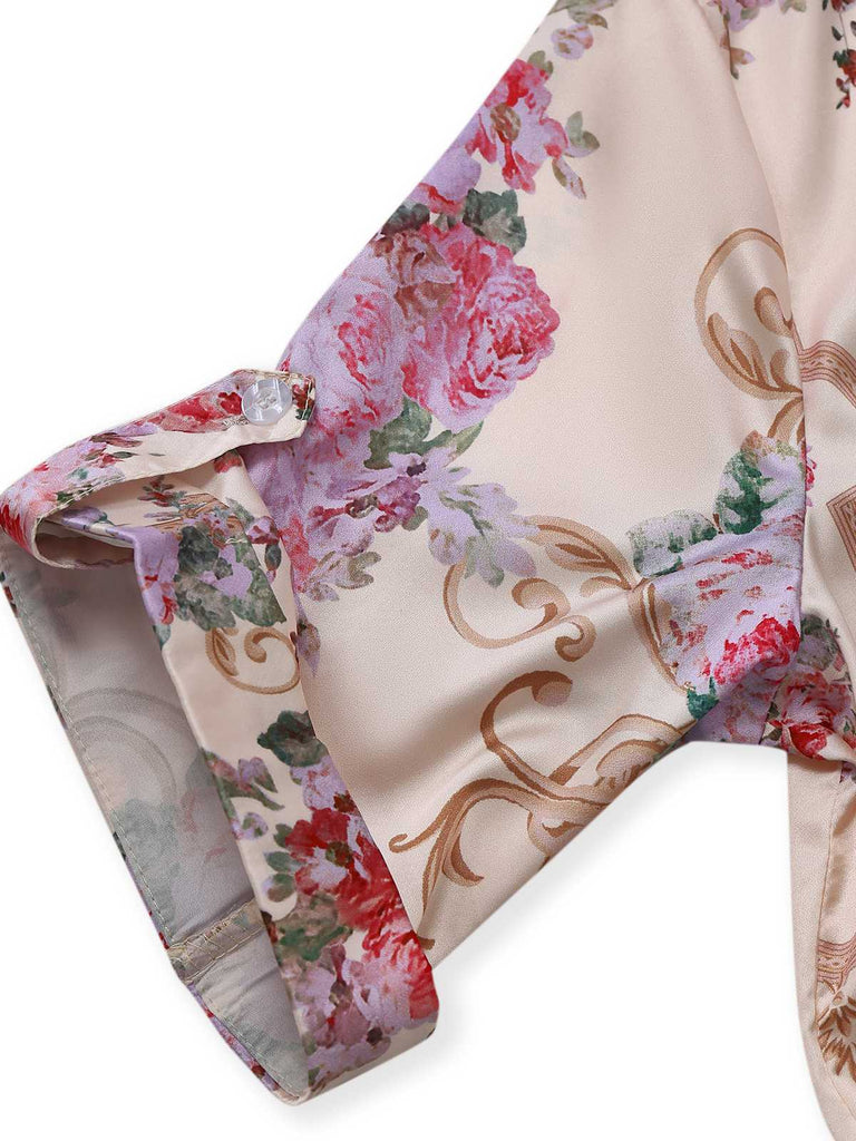Tuta lunga floreale simmetrico colletto a camicia verde anni '30