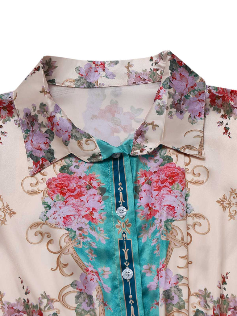 Tuta lunga floreale simmetrico colletto a camicia verde anni '30