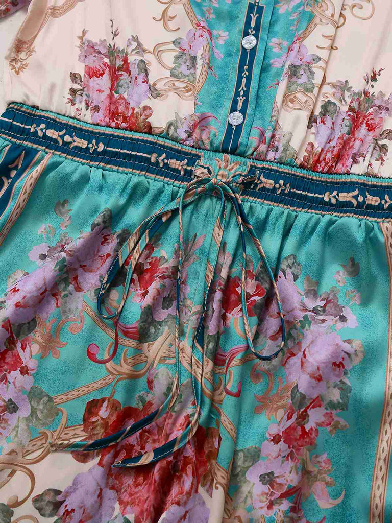 Tuta lunga floreale simmetrico colletto a camicia verde anni '30