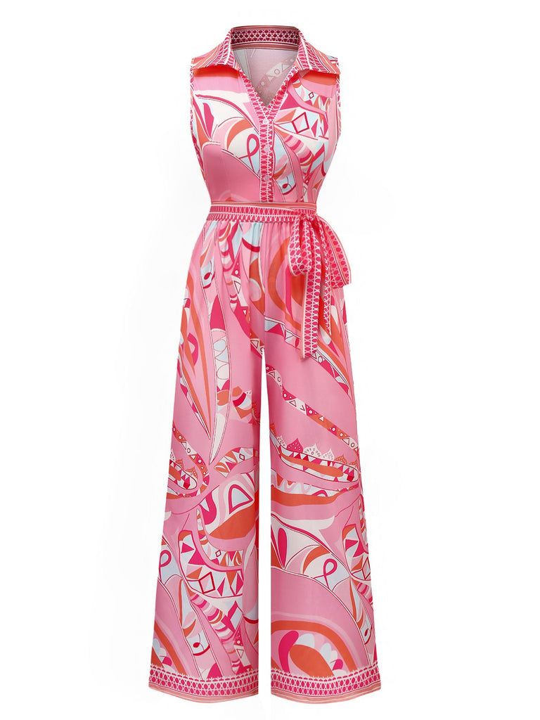 Tuta lunga boho con cintura e revers rosa anni '30
