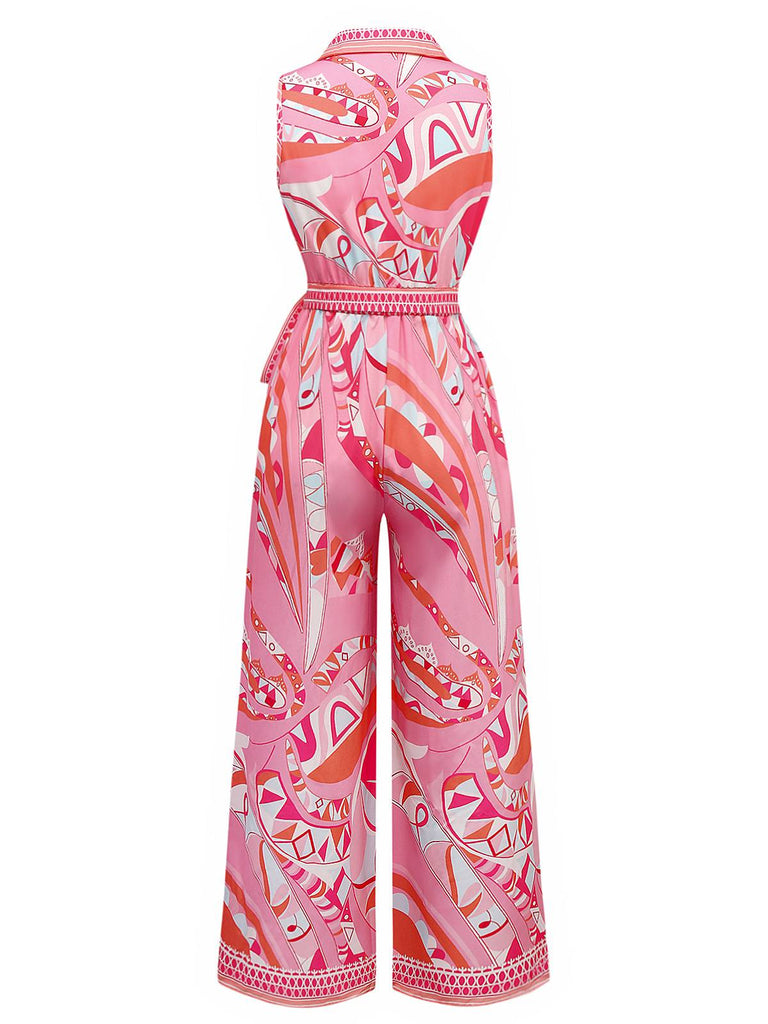 Tuta lunga boho con cintura e revers rosa anni '30