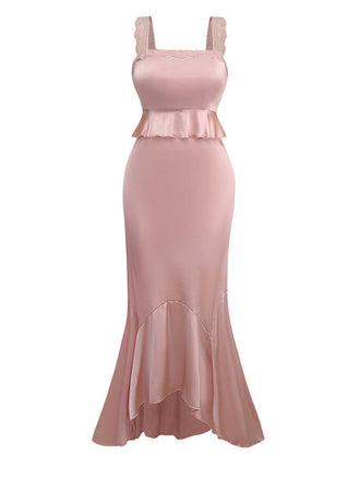 Abito da sirena in raso con volant in pizzo rosa anni '30