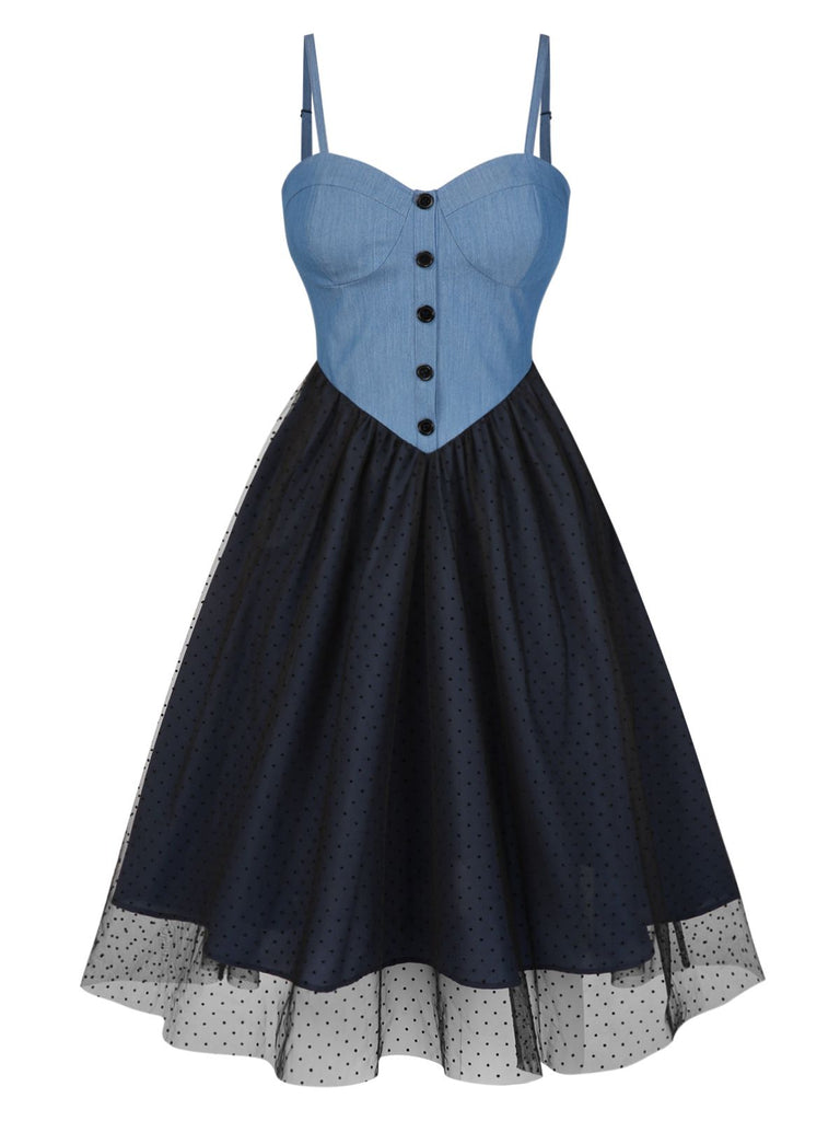 Abito in denim a pois e rete patchwork blu anni '50