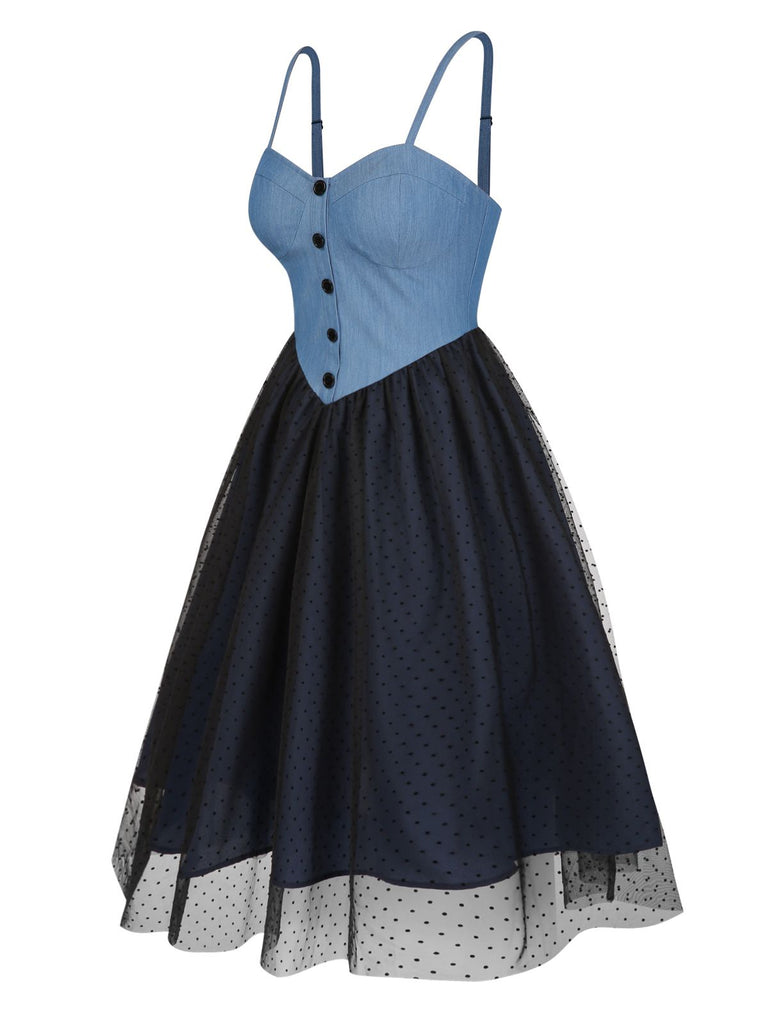Abito in denim a pois e rete patchwork blu anni '50