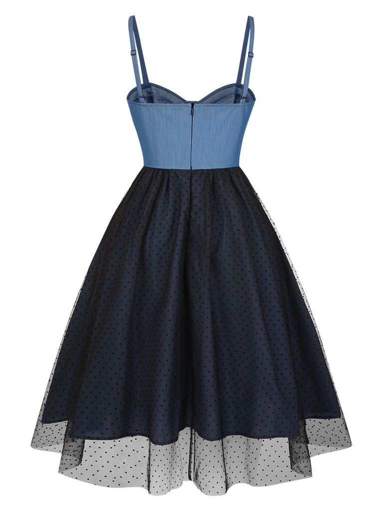 Abito in denim a pois e rete patchwork blu anni '50