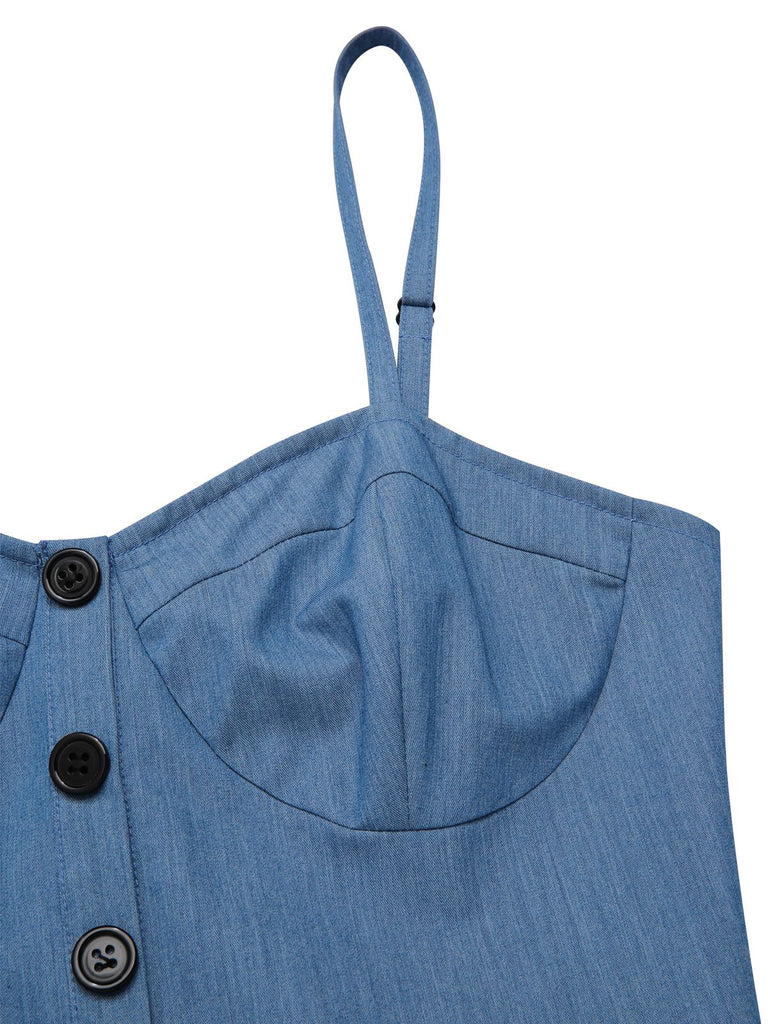 Abito in denim a pois e rete patchwork blu anni '50