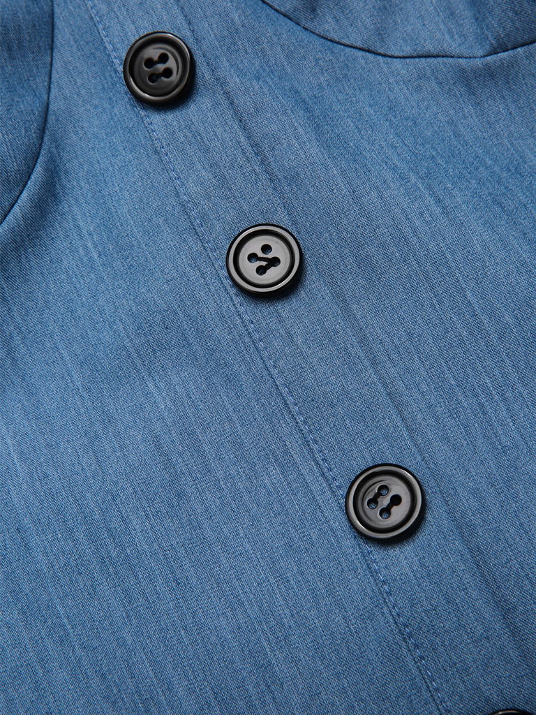 Abito in denim a pois e rete patchwork blu anni '50