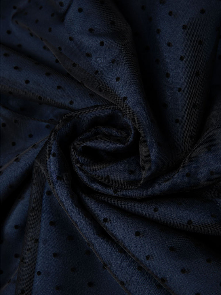 Abito in denim a pois e rete patchwork blu anni '50