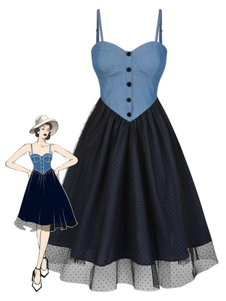 Abito in denim a pois e rete patchwork blu anni '50