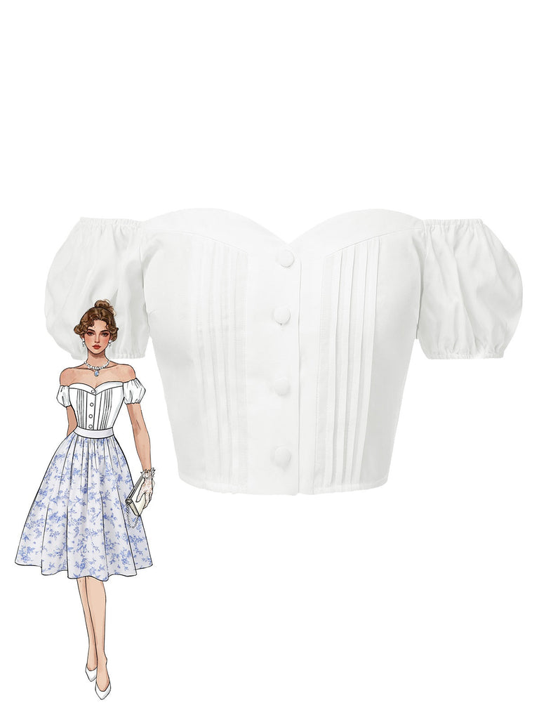 Top plissettato con spalle scoperte bianco  anni '50