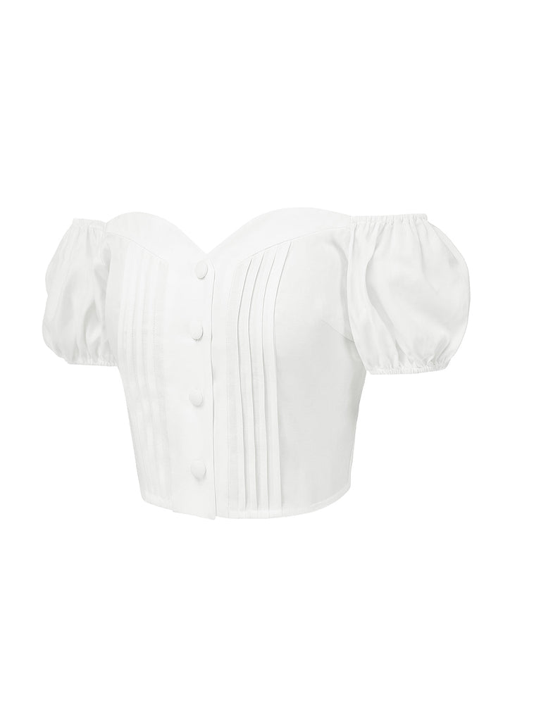 Top plissettato con spalle scoperte bianco  anni '50