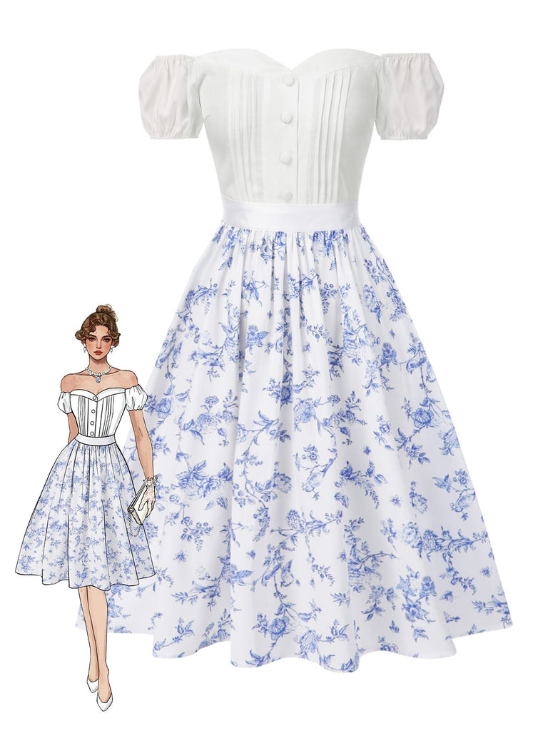 2PCS Top bianco spalle scoperte e gonna floreale anni '50