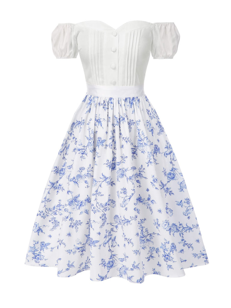 2PCS Top bianco spalle scoperte e gonna floreale anni '50