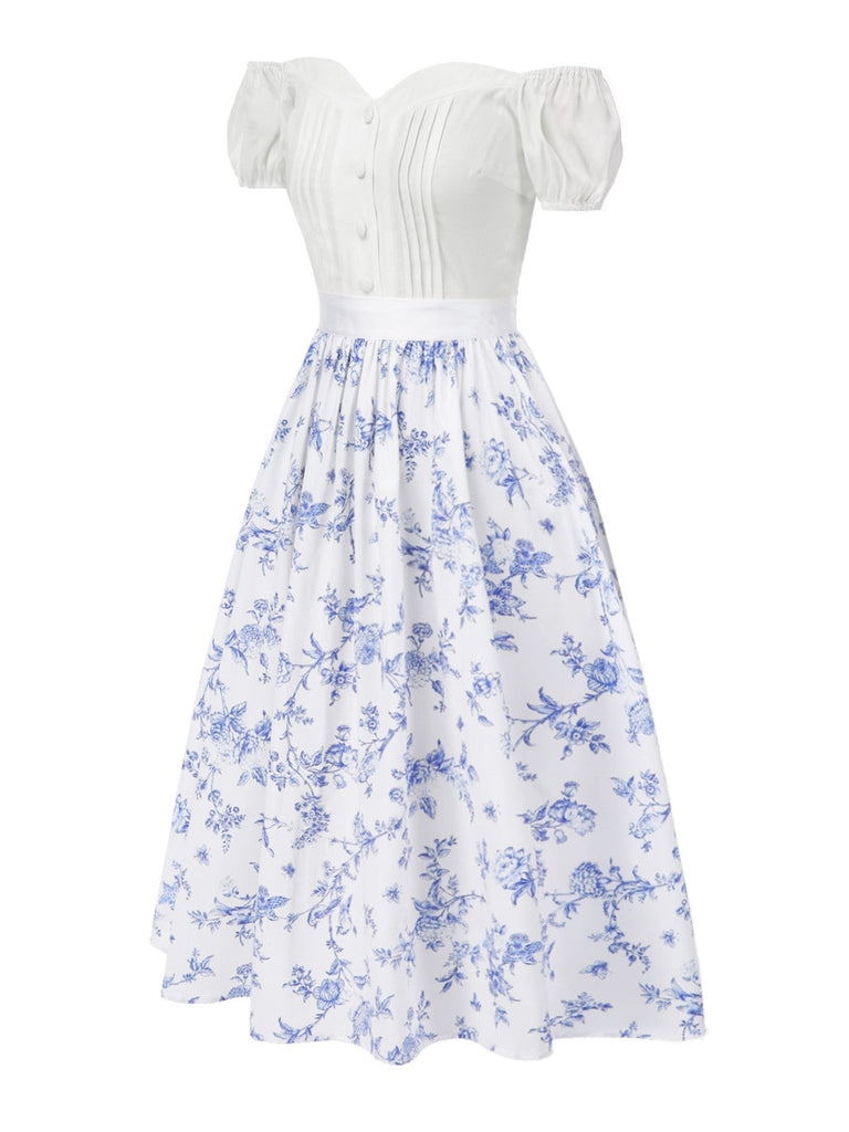 2PCS Top bianco spalle scoperte e gonna floreale anni '50