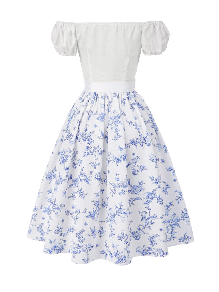 2PCS Top bianco spalle scoperte e gonna floreale anni '50