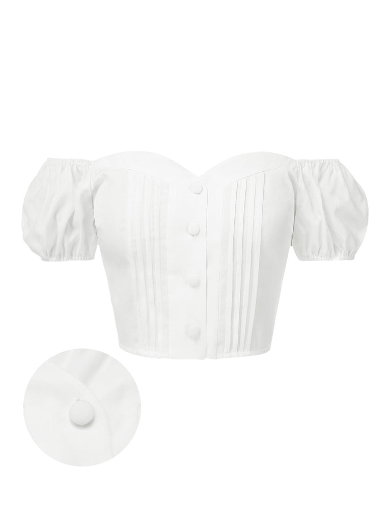 Top plissettato con spalle scoperte bianco  anni '50