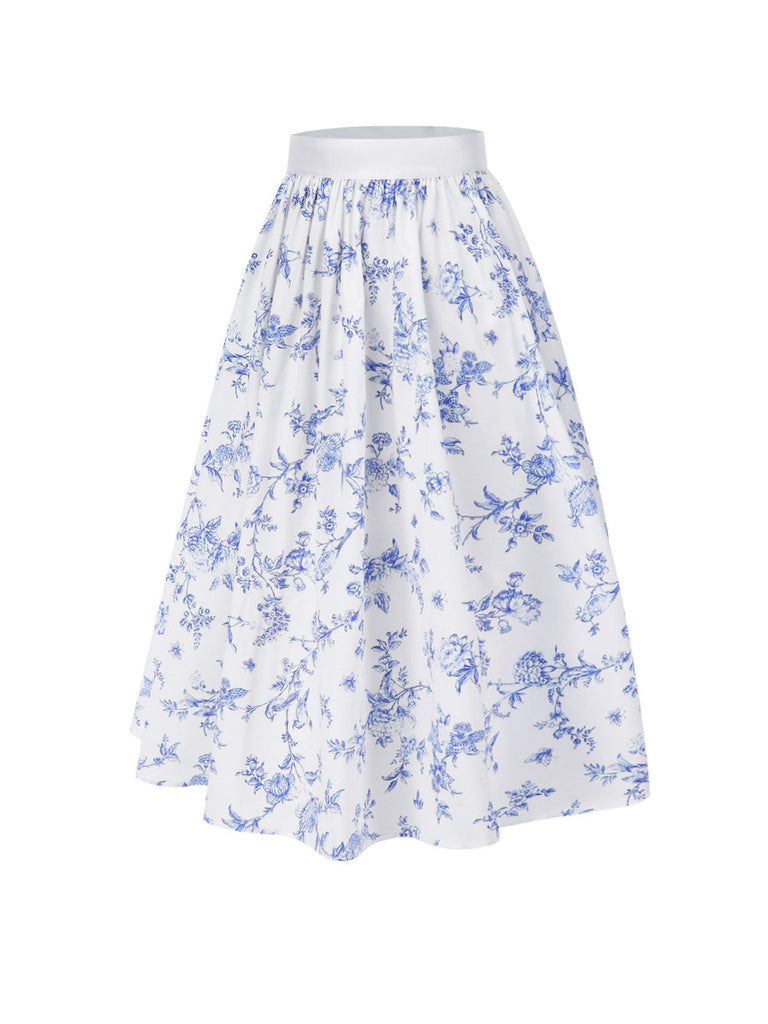 Gonna floreale in porcellana blu e bianco anni '50