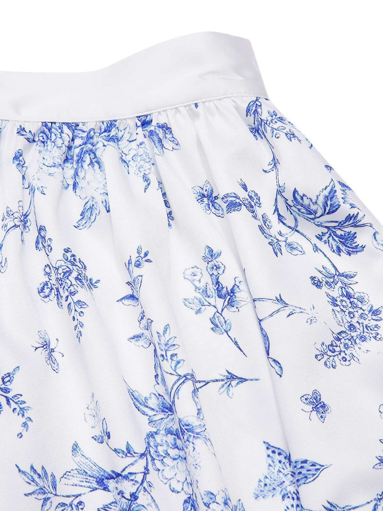 Gonna floreale in porcellana blu e bianco anni '50