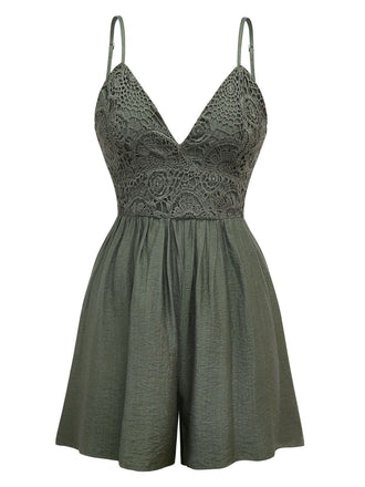 Tuta corta arricciata con patchwork ricamato verde scuro anni '50