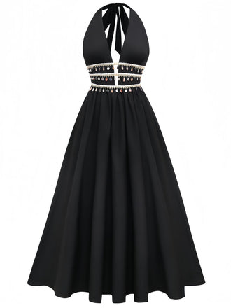 Abito con frange di conchiglie bohémien nero anni '70