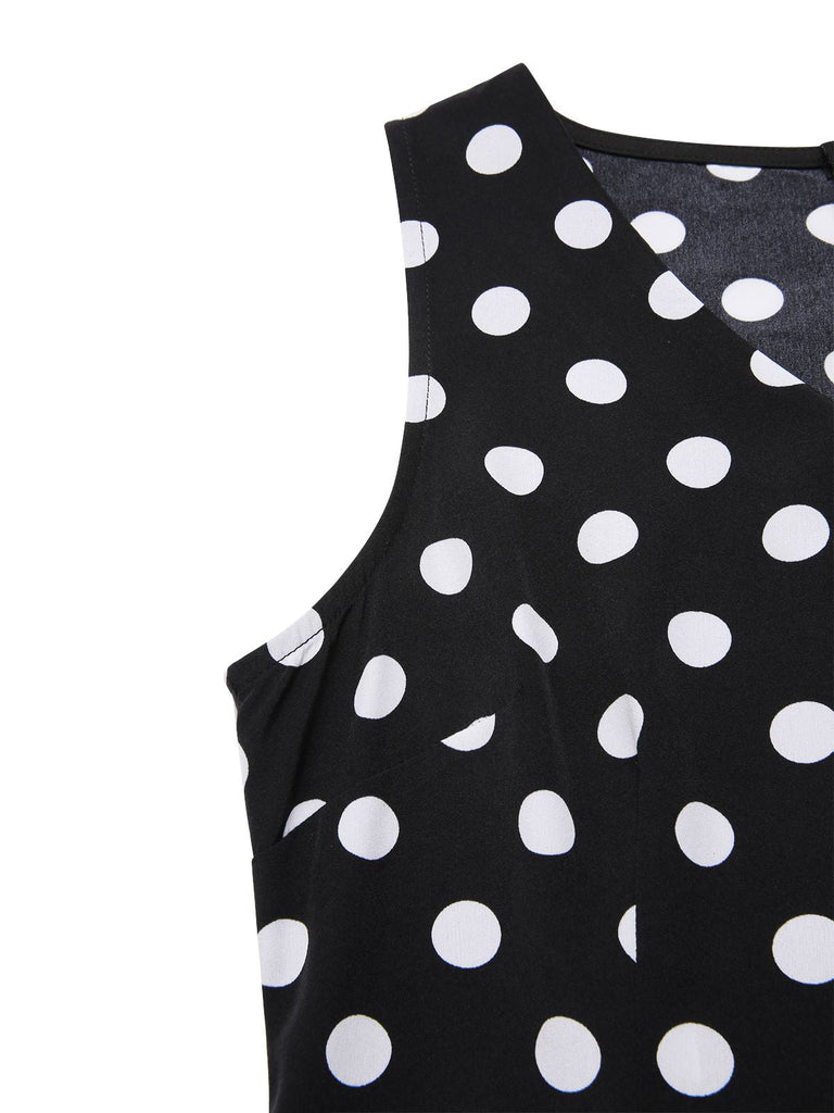 Abito a pois con scollo a V nero anni '60