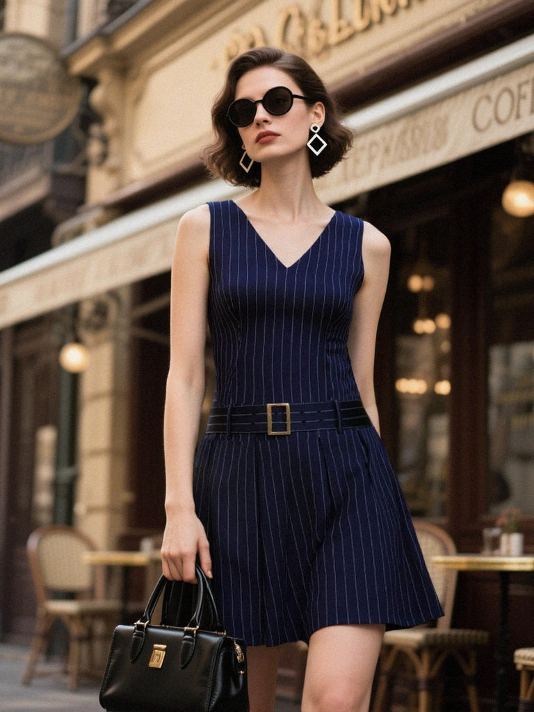 [Prevendita] Abito a righe plissettato con cintura blu anni '60