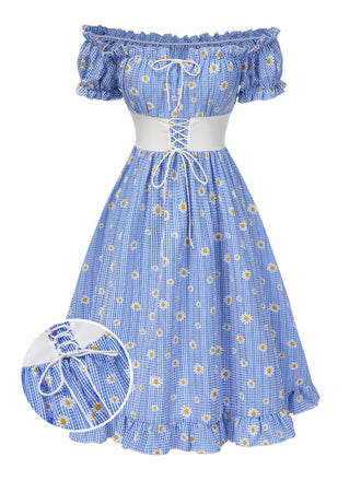 Abito a margherita plaid spalle scoperte blu anni '50