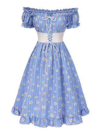 Abito a margherita plaid spalle scoperte blu anni '50