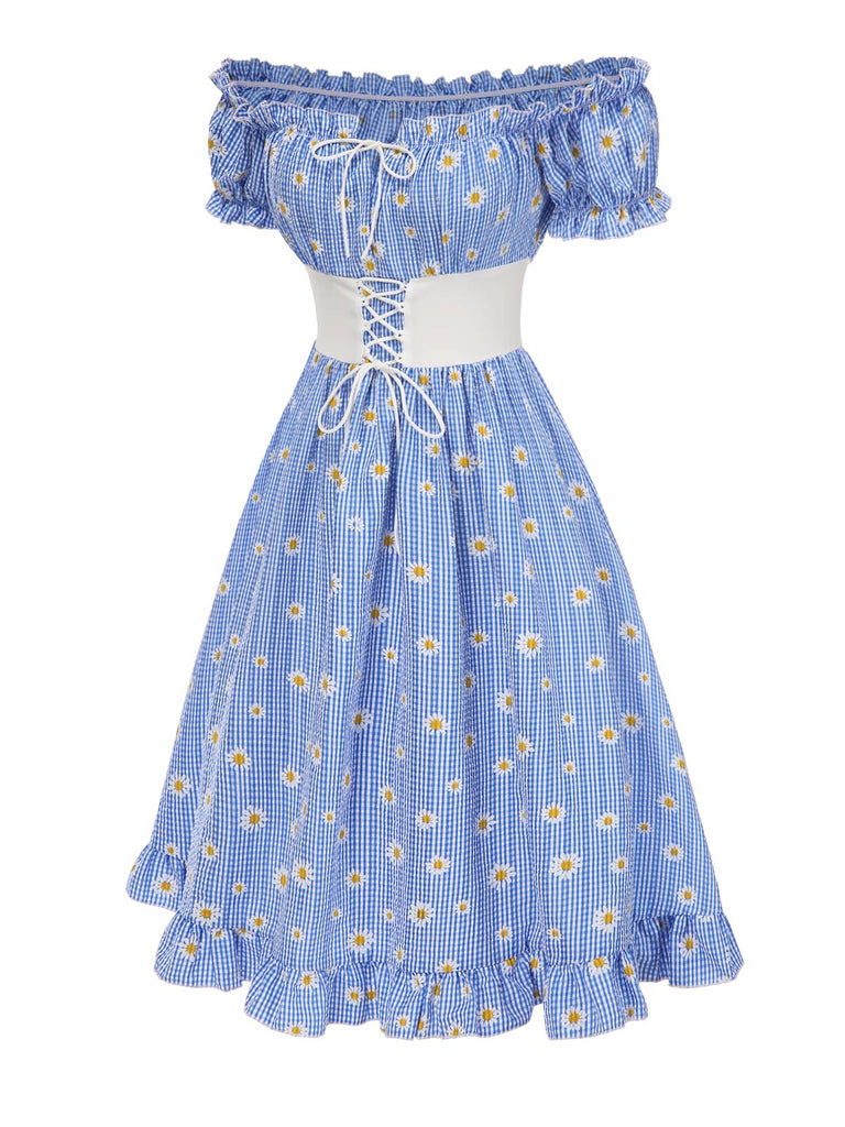 [Prevendita] Abito a margherita plaid spalle scoperte blu anni '50