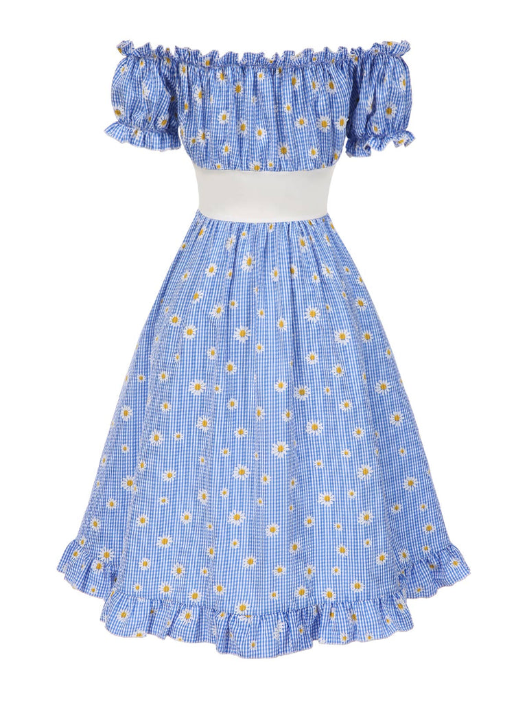 [Prevendita] Abito a margherita plaid spalle scoperte blu anni '50