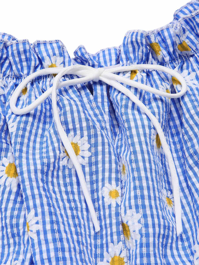 [Prevendita] Abito a margherita plaid spalle scoperte blu anni '50