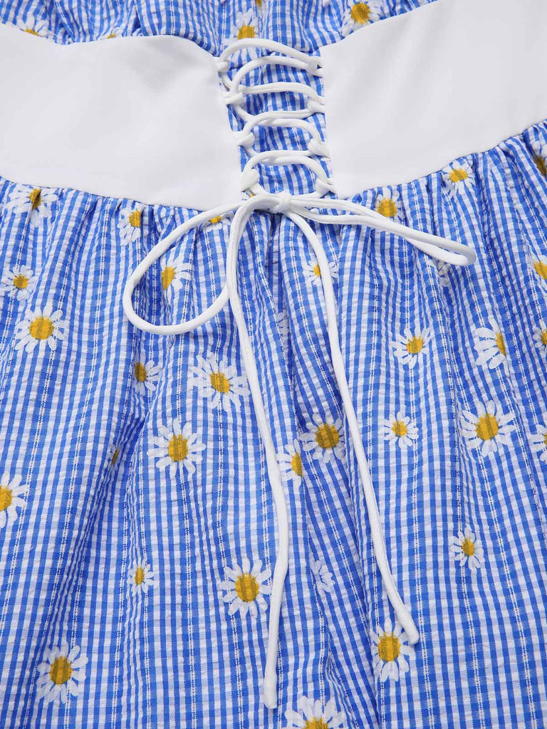[Prevendita] Abito a margherita plaid spalle scoperte blu anni '50