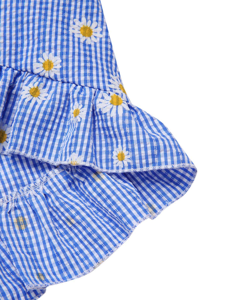 [Prevendita] Abito a margherita plaid spalle scoperte blu anni '50