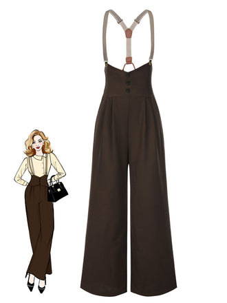 Pantaloni con bretelle e bottoni marrone scuro anni '50