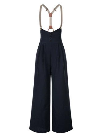 Pantaloni con bretelle e bottoni blu scuro anni '50