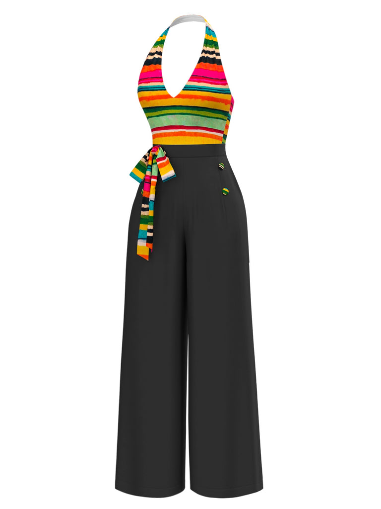 Tuta lunga a righe con fiocco multicolore anni '70