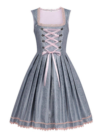 2PCS Abito floreale e grembiule ricamato in rete grigio-blu anni '50