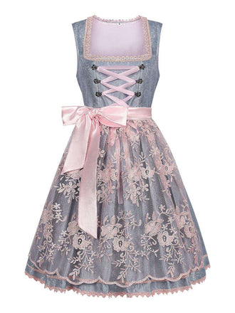 2PCS Abito floreale e grembiule ricamato in rete grigio-blu anni '50