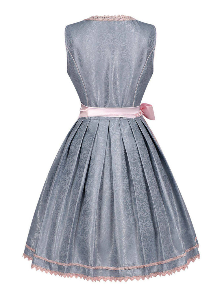 2PCS Abito floreale e grembiule ricamato in rete grigio-blu anni '50