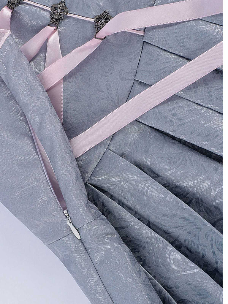 2PCS Abito floreale e grembiule ricamato in rete grigio-blu anni '50