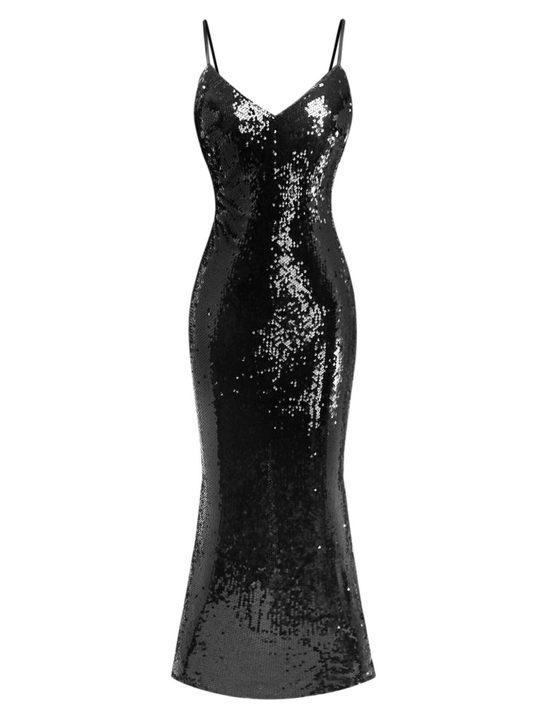 Abito con spalline sottili e paillettes annodate nero anni '30