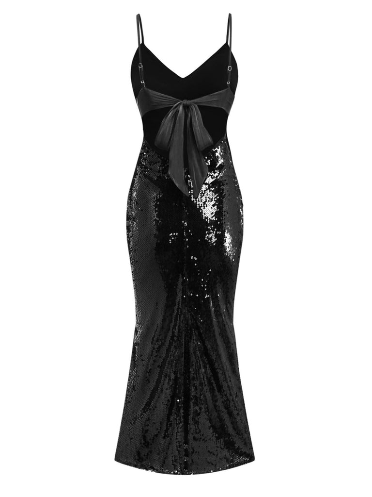 Abito con spalline sottili e paillettes annodate nero anni '30