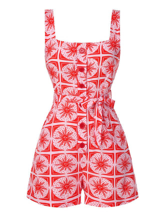 Tuta corta stampa boho sole con bottoni rosa anni '70