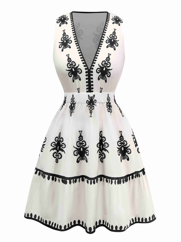Abito floreale boho con scollo a V profondo bianco anni '70