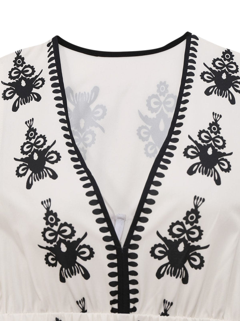 Abito floreale boho con scollo a V profondo bianco anni '70