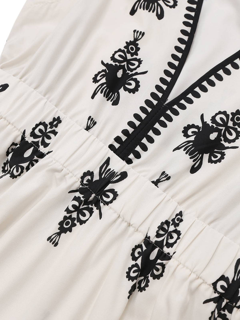 Abito floreale boho con scollo a V profondo bianco anni '70