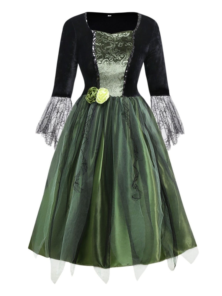 Abito da mago meraviglioso con fiori 3D verde anni '50