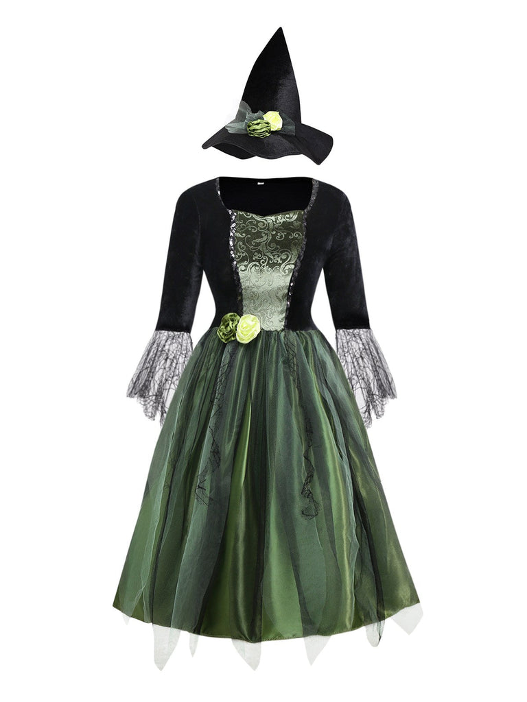 Abito da mago meraviglioso con fiori 3D verde anni '50